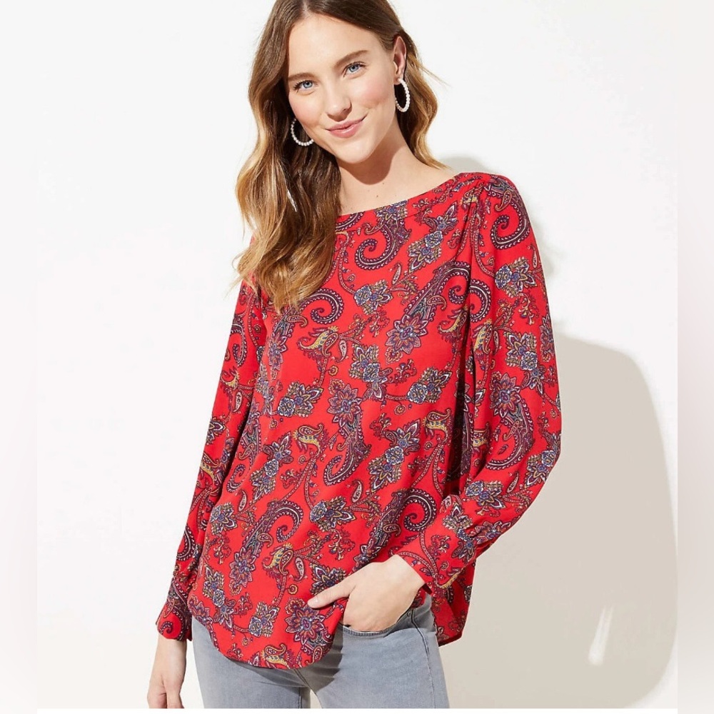 LOFT  Red Paisley Boatneck Long Sleeve‎ Blouse Womens Medium